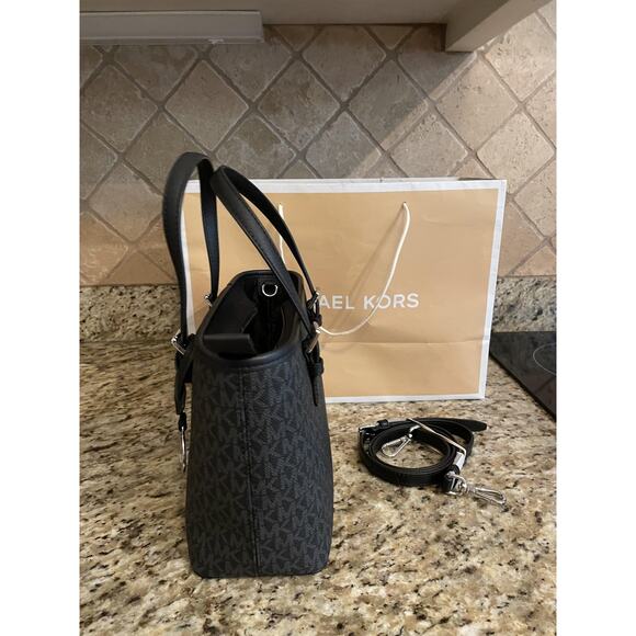 Michael Kors Jet Tote Bag Black Saffiano Logo Purse Satchel Handbag MK Charm - Picture 7 of 11